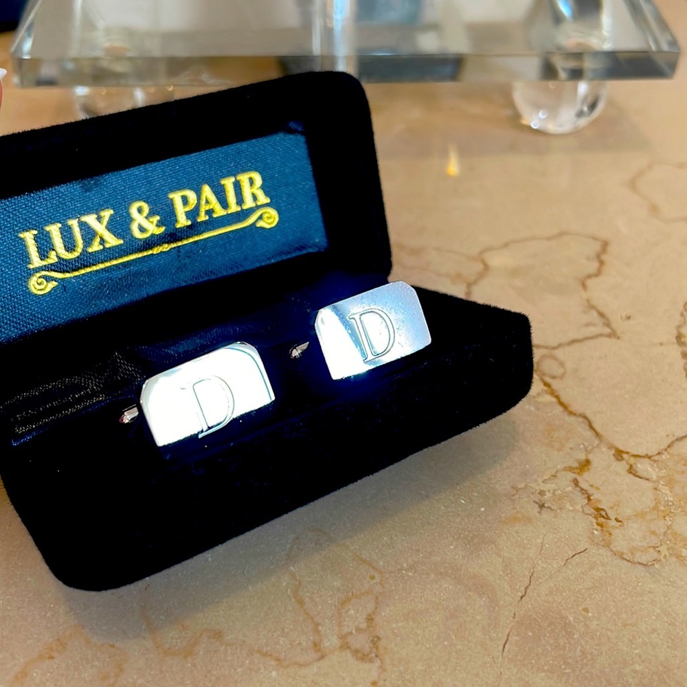18K White-Gold Plated Initial Engraved Stainless Steel Men’s Cufflinks with box